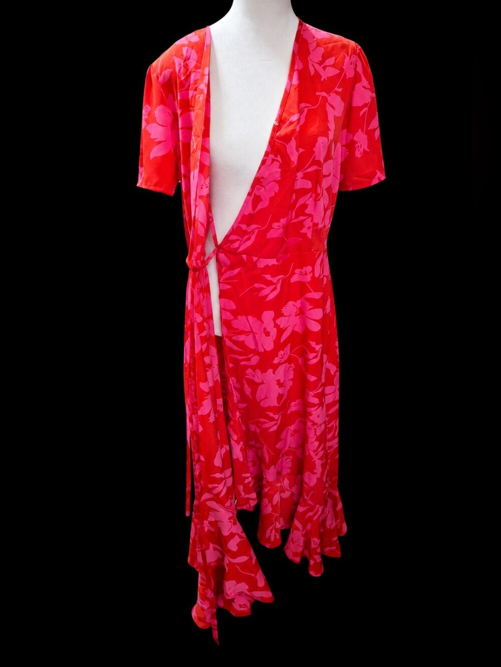 Tropical Floral Wrap Dress Maxi Pink Red Tie Waist Short Sleeve Women Size Small - Picture 9 of 14